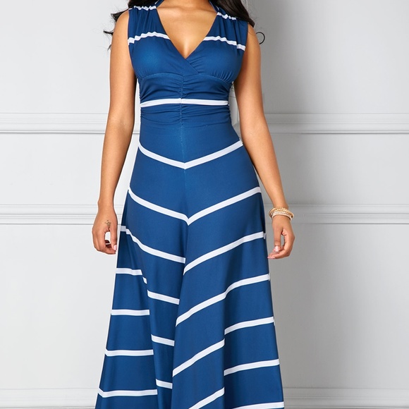Dresses & Skirts - Blue and White Chevron Striped V-Neck Maxi Dress